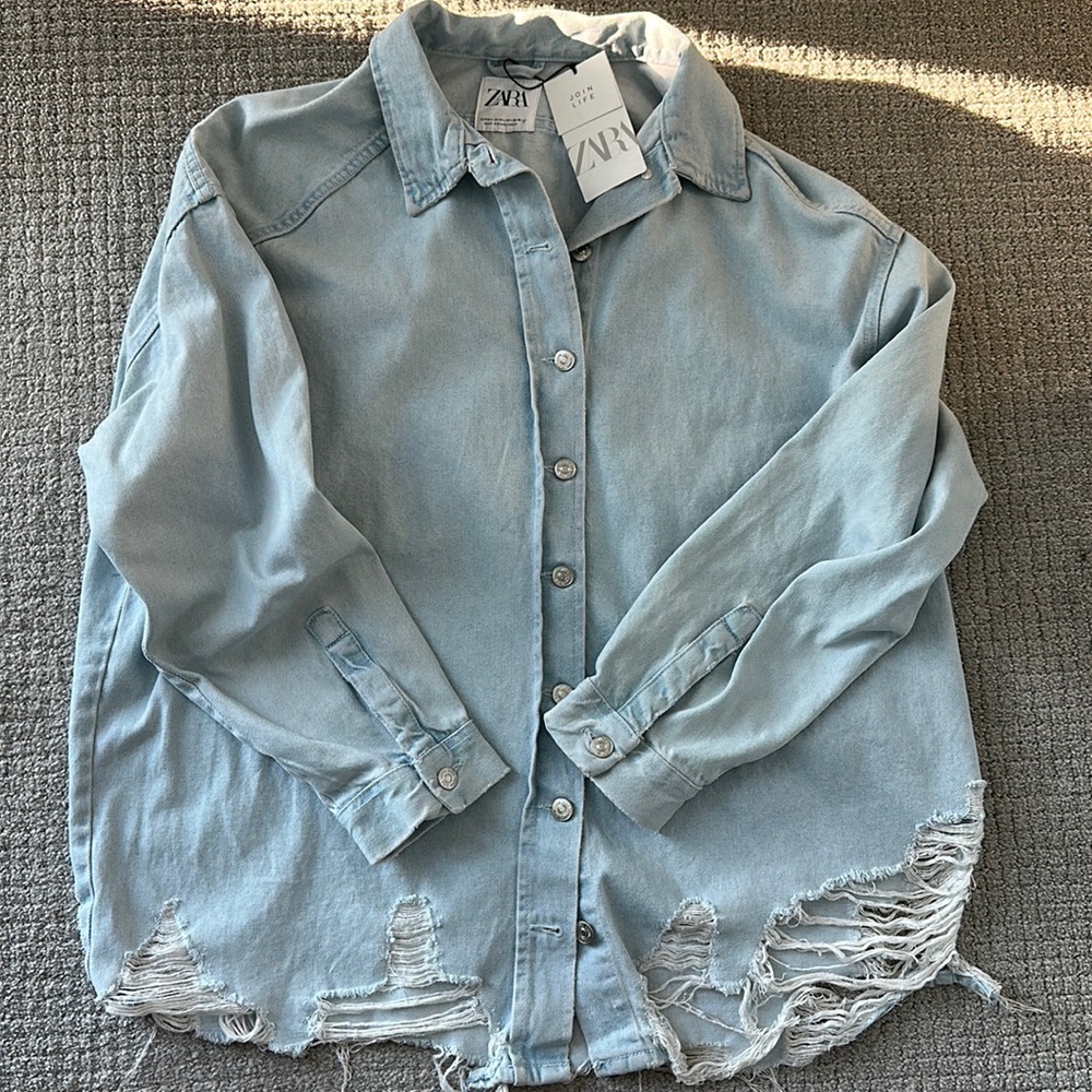 ZARA DISTRESSED DENIM TOP
